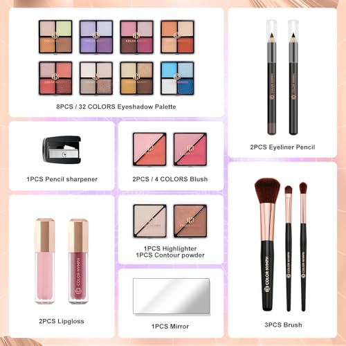 Teen Girls Makeup Kit with Pink Train Case - 32 Colors Eyeshadow & More