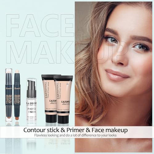 Complete Makeup Kit for Women - Palette, Foundation, Primer, Brushes, Sponge, Eyebrow Soap, Eyeliner Stamp, Eyeshadow Se