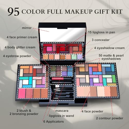 95-Color Makeup Kit for Women: Eyeshadows, Lipgloss, Powder, Bronzer, Blush & Applicators
