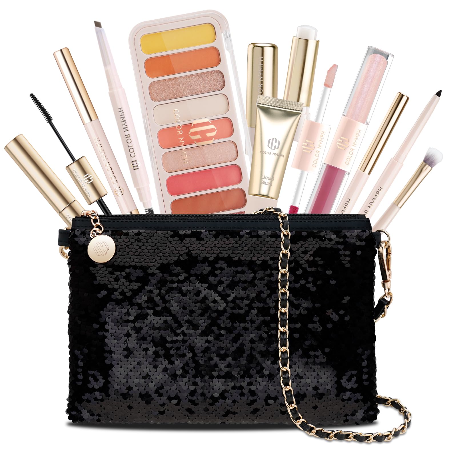 Colorful Makeup Kit for Teen Girls: Eyeshadow & Lip Gloss in Sequin Orange Pink Bag